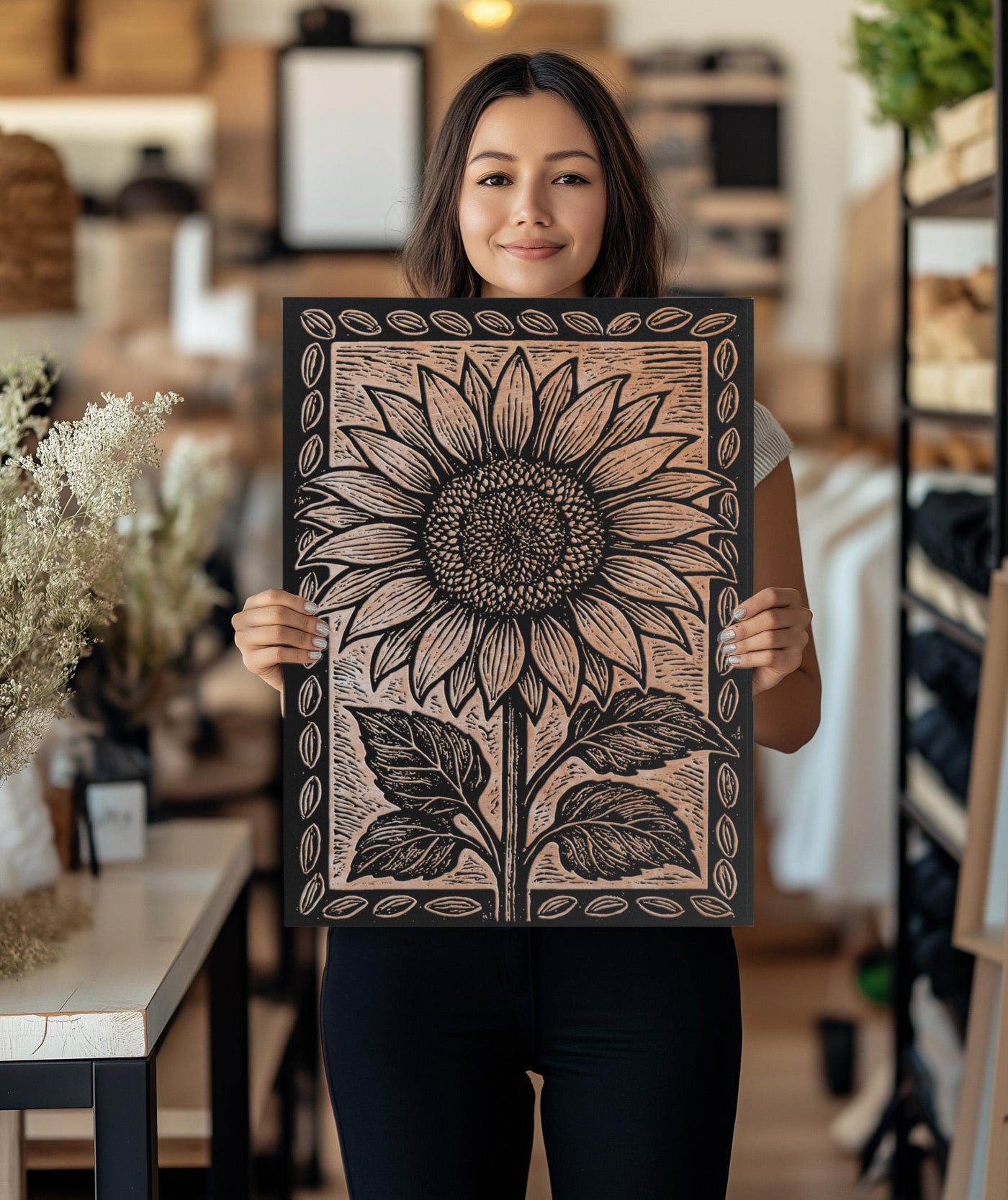 Folk Art Sunflower Engraved Birch Illustration