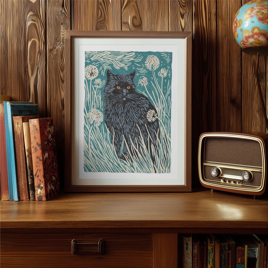 Black Cat in Dandelions Art Print