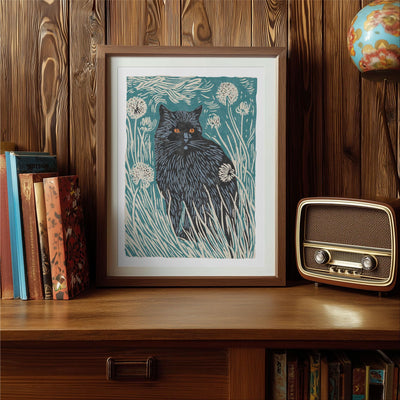 Black Cat in Dandelions Art Print