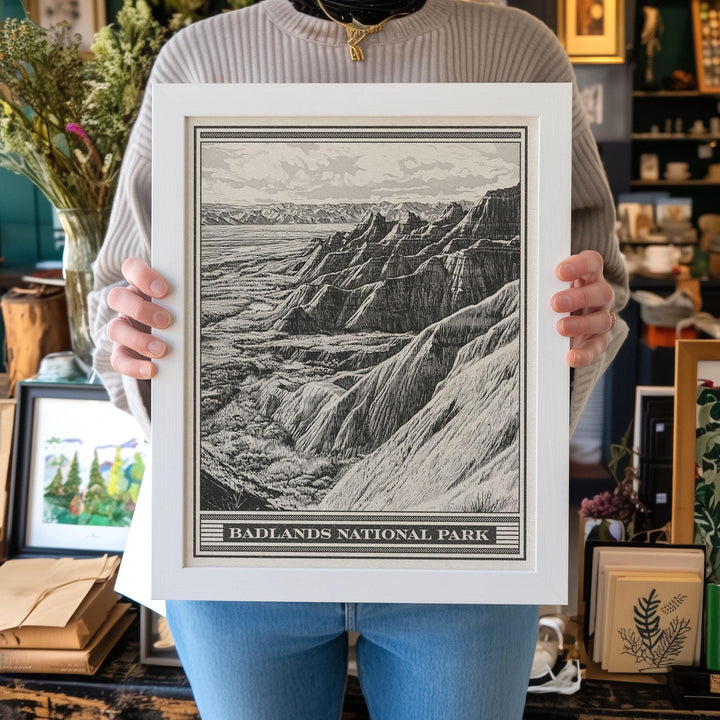 Badlands National Park Lithograph Style Print - Vintage South Dakota archival matte fine art print. Castle Trail Art. Western Desert Gift