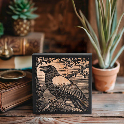 Crow Engraved Birch Wood Panel