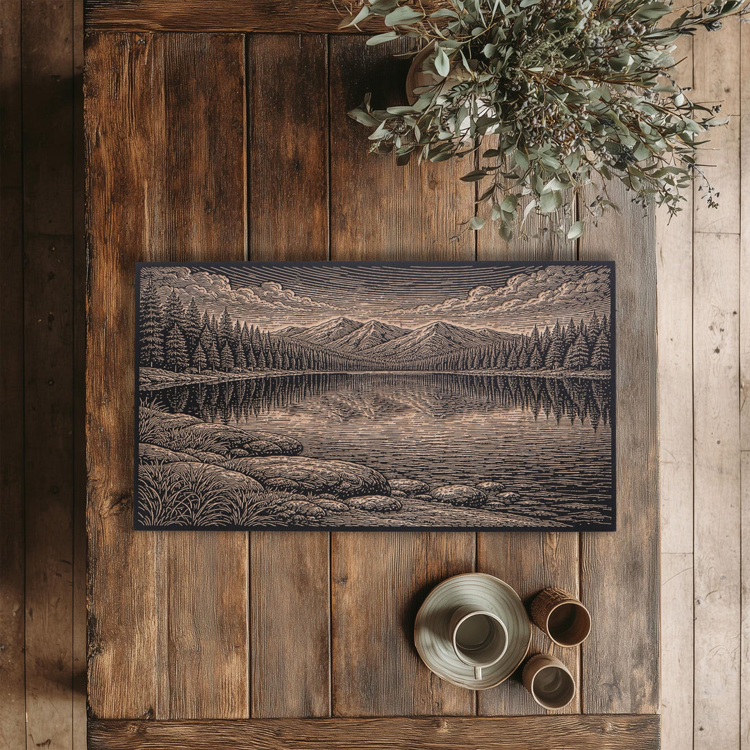 Alpine Lake Mirror Water Below the Peaks Engraved Birch Art Panel