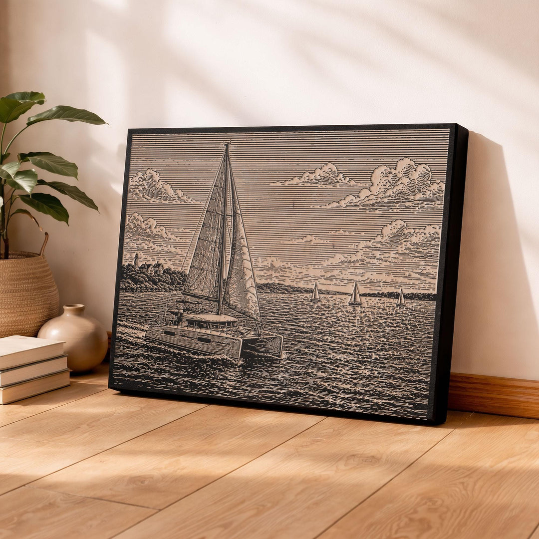 Catamaran Sailboat Engraved Illustration