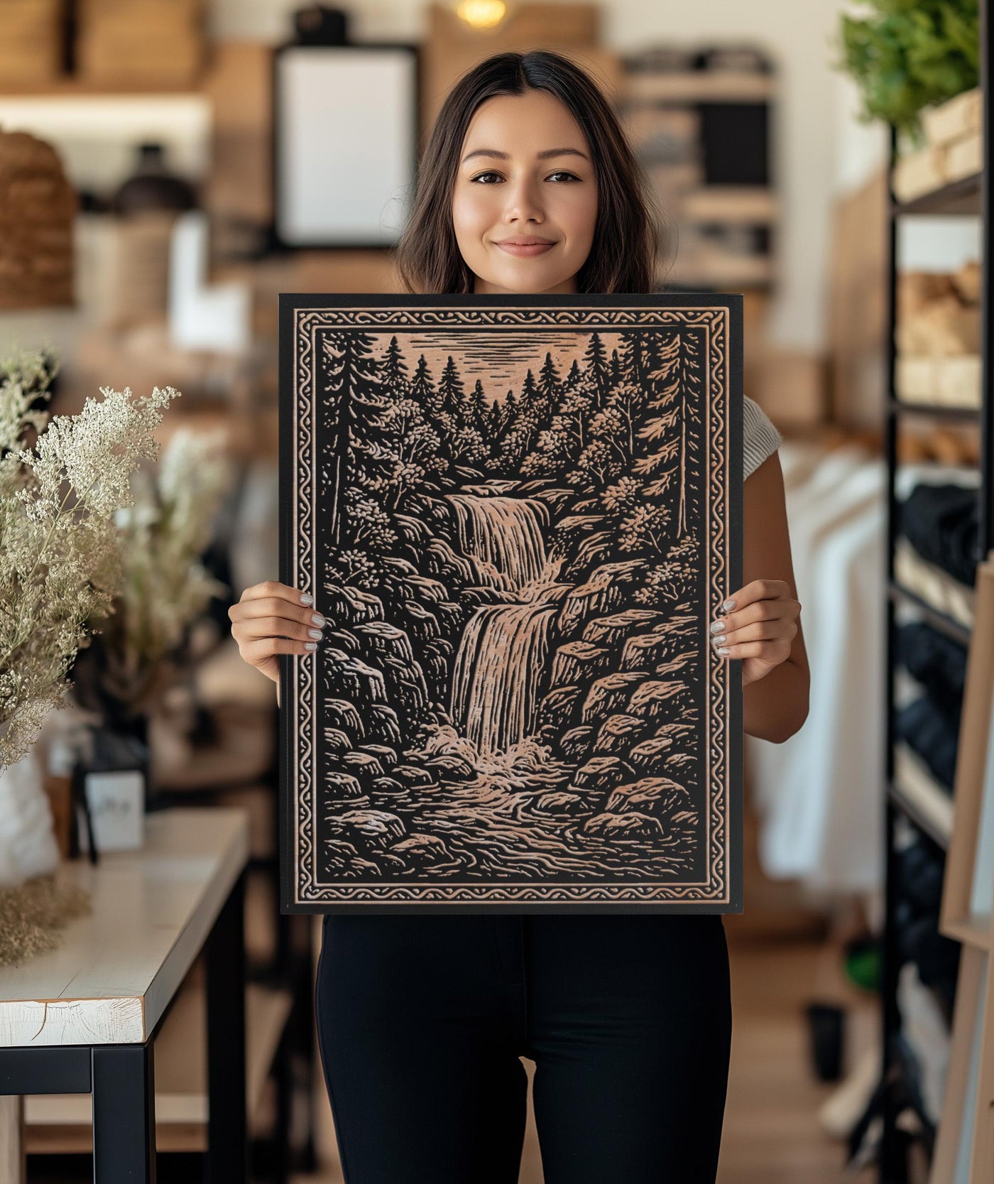 Forest Waterfall Engraved Birch Illustration