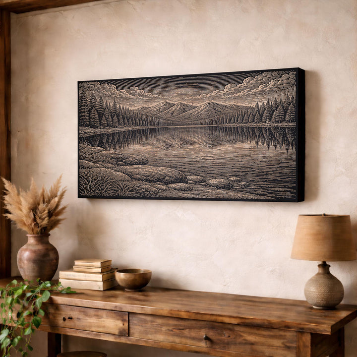 Alpine Lake Mirror Water Below the Peaks Engraved Birch Art Panel