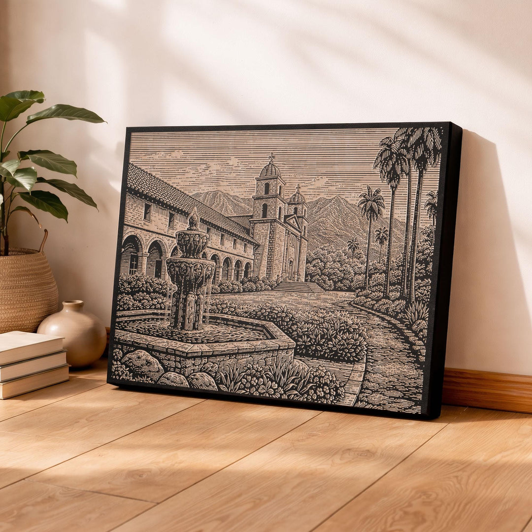 Santa Barbara Mission Garden Engraved Birch Art Panel