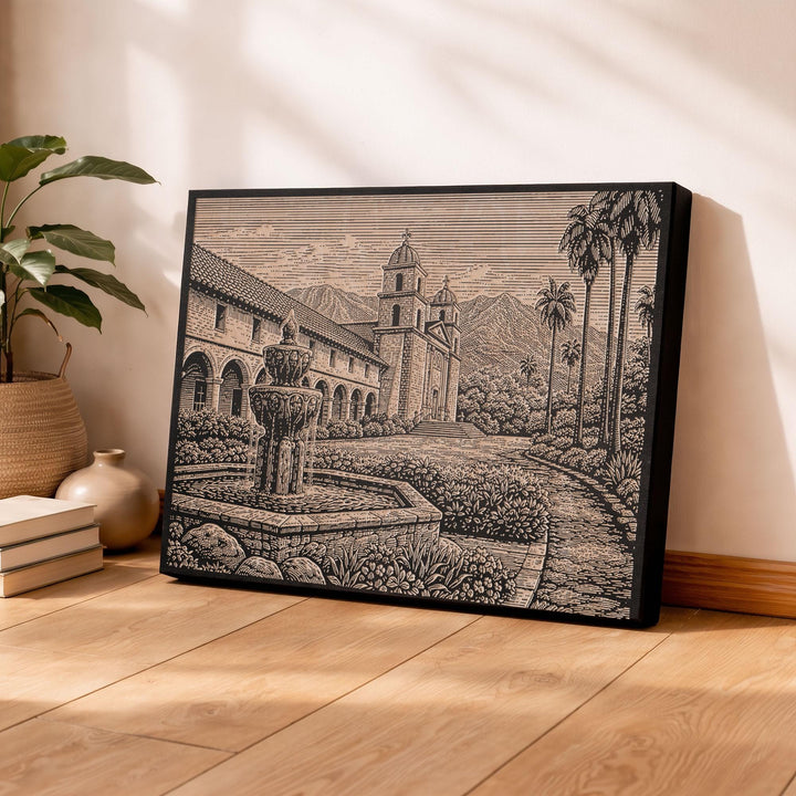 Santa Barbara Mission Garden Engraved Birch Art Panel