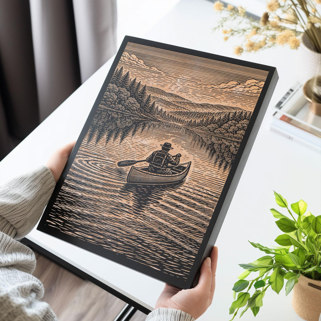 Canoe Paddling Through a Peaceful Forest Engraved Illustration