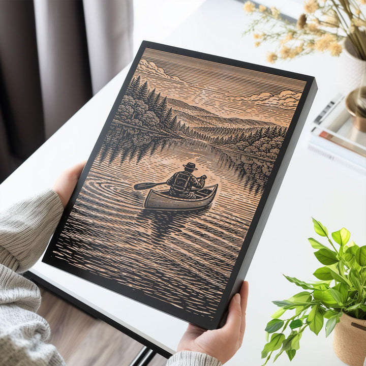 Canoe Paddling Through a Peaceful Forest Engraved Illustration