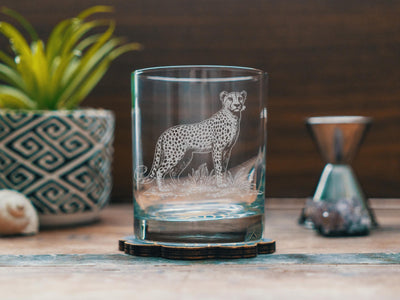 Cheetah Glasses | Personalized Safari Whiskey, Wine & Beer Etched Glassware Gift, African Wildlife Themed Drinkware, Memorable Trip Gift.