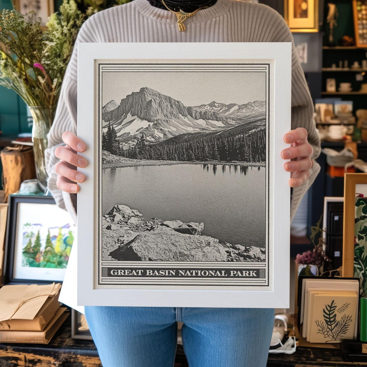 Great Basin National Park Lithograph Style Print - Vintage Nevada archival matte fine art print Gift. South Snake mountains Wheeler Peak.