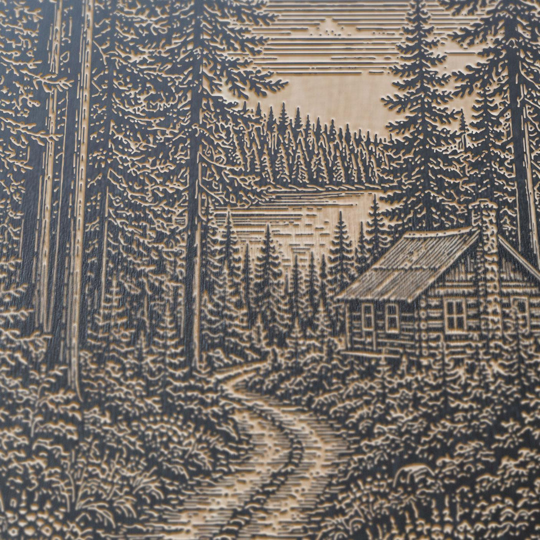 Maine Spruce Forest Camp Road Engraved Birch Art Panel
