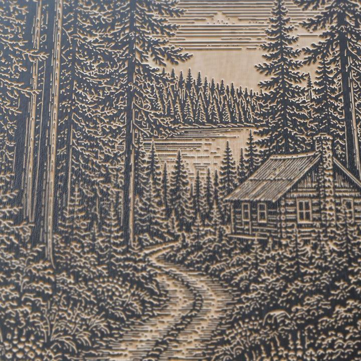 Maine Spruce Forest Camp Road Engraved Birch Art Panel