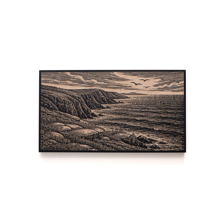 Coastal Cliffs and Crashing Waves Engraved Birch Art Panel