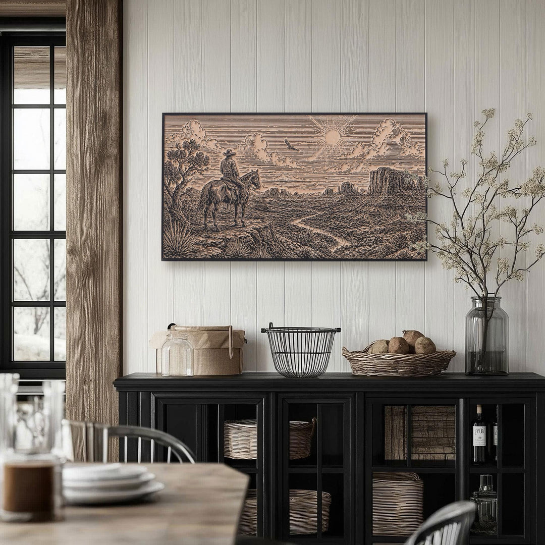 Lone Cowboy Above the Canyon Valley Engraved Illustration