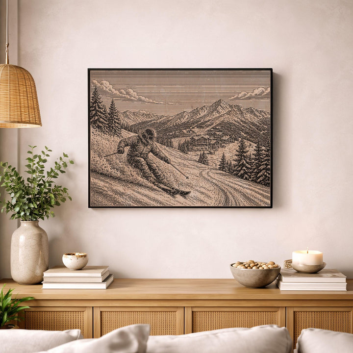 Alpine Skier Engraved Illustration