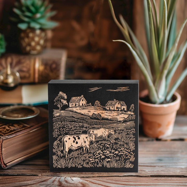 Cows on a Farm Engraved Illustration