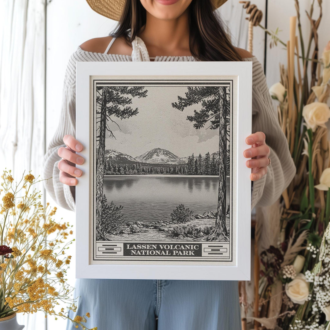 Lassen Volcanic National Park Lithograph Style Print - Vintage California archival matte fine art print. Lake Helen Shasta Cascade Gift