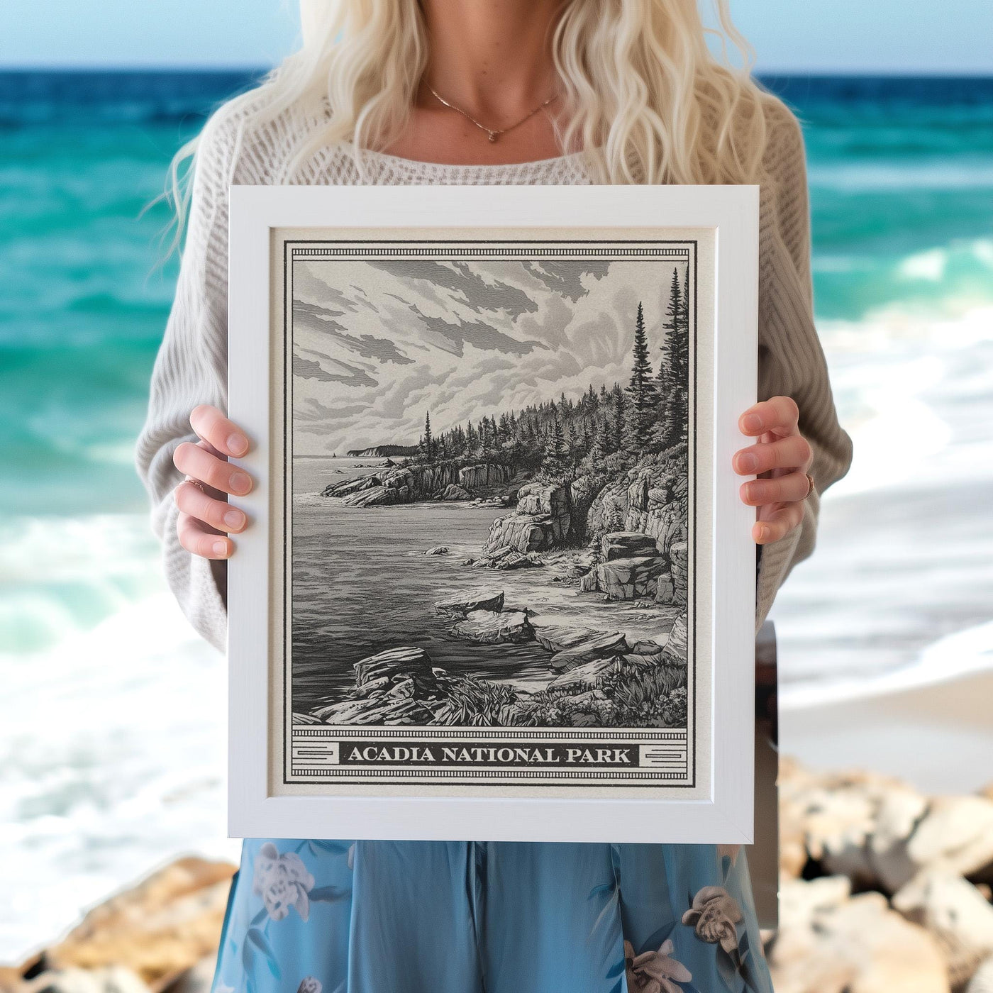 Acadia National Park Rocky Coast Lithograph Style Print - Vintage Maine New England archival matte fine art print. Mount Desert Island gift.