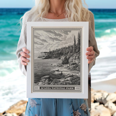 Acadia National Park Rocky Coast Lithograph Style Print - Vintage Maine New England archival matte fine art print. Mount Desert Island gift.