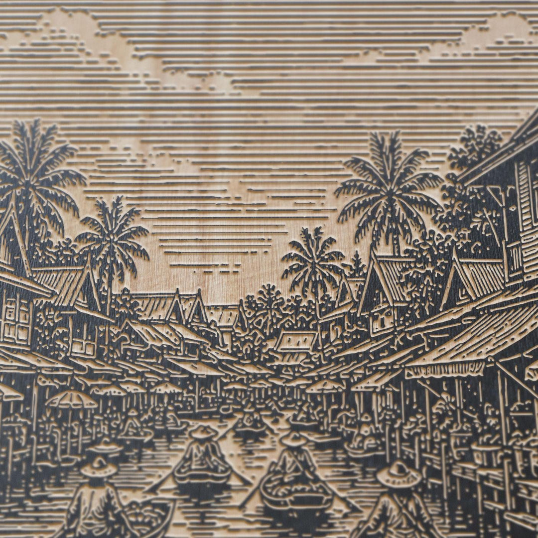 Bangkok Floating Market Engraved Birch Art Panel