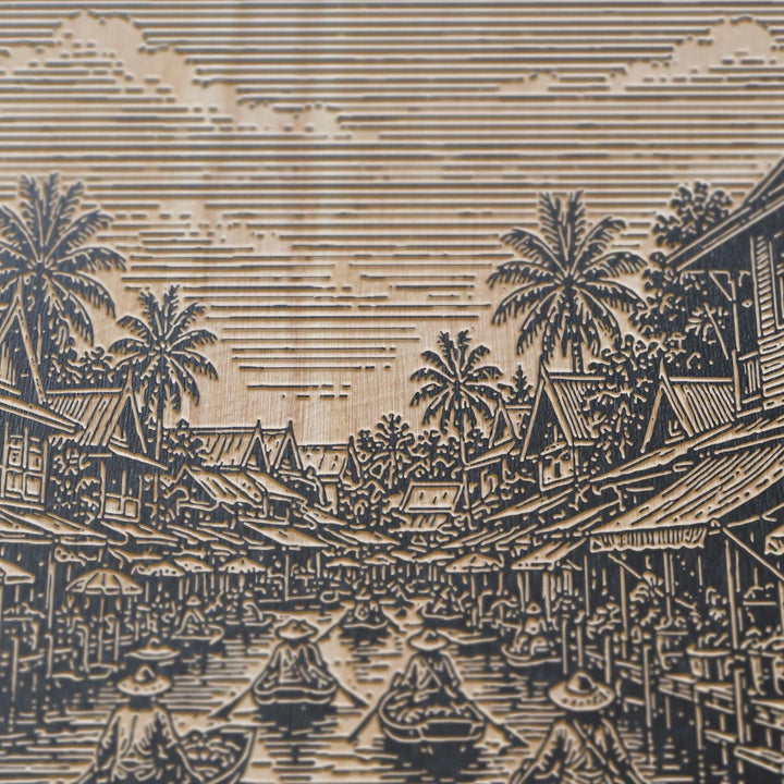 Bangkok Floating Market Engraved Birch Art Panel