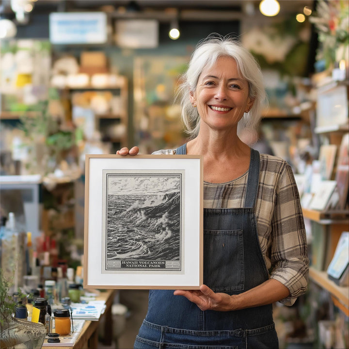 Hawaii Volcanoes National Park Lithograph Style Print - Vintage Hawaii Big Island archival matte fine art print. Kīlauea &amp; Mauna Loa Gift.