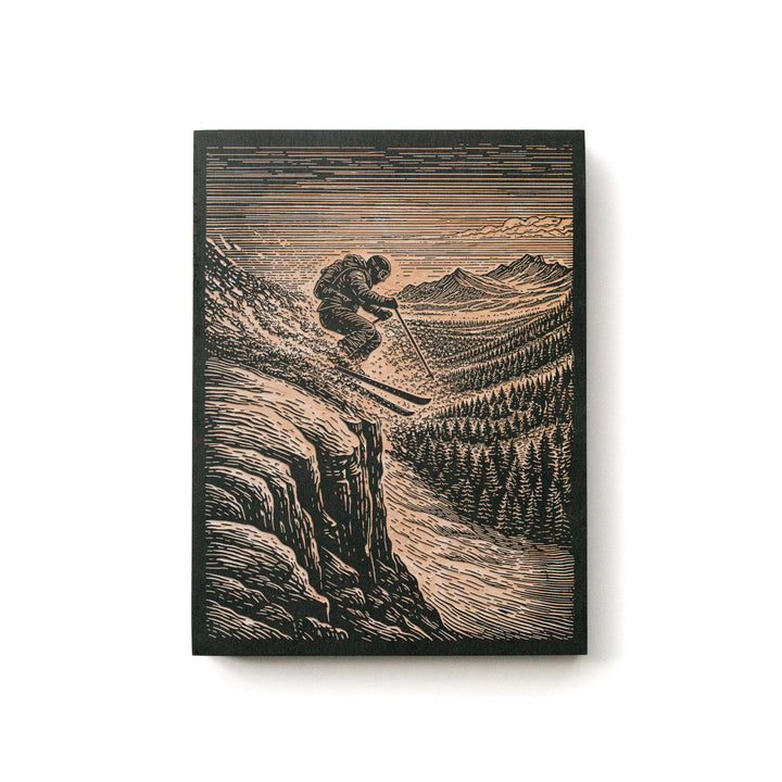 Backcountry Cliff Skiing Engraved Illustration