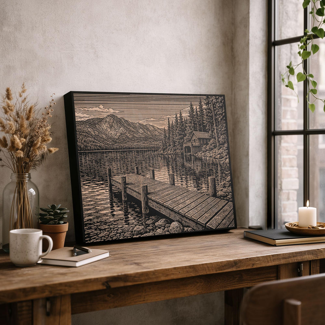 Lakeside Cabin Engraved Birch Art Panel