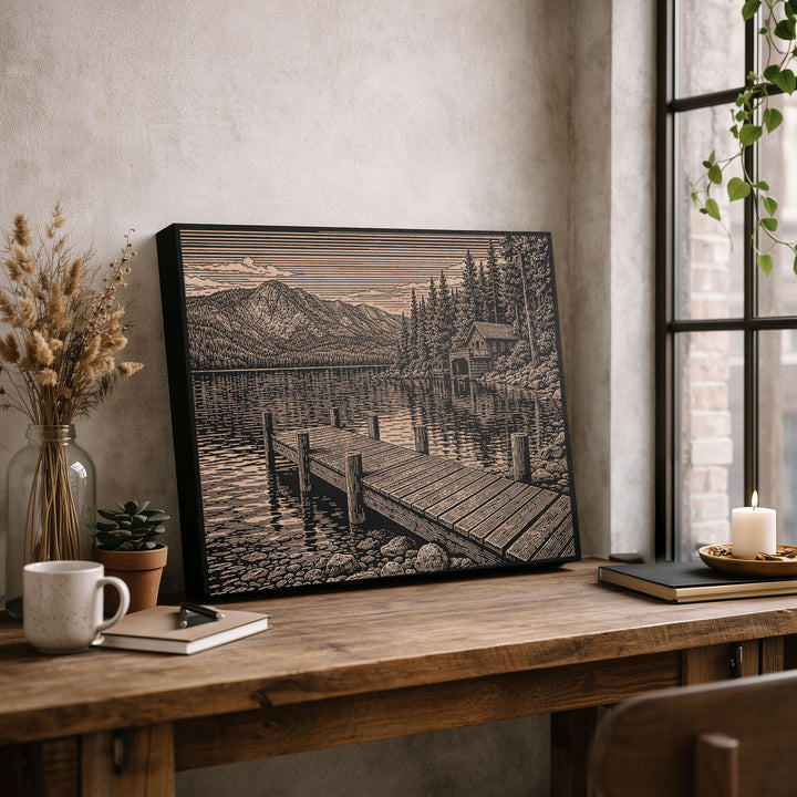 Lakeside Cabin Engraved Birch Art Panel