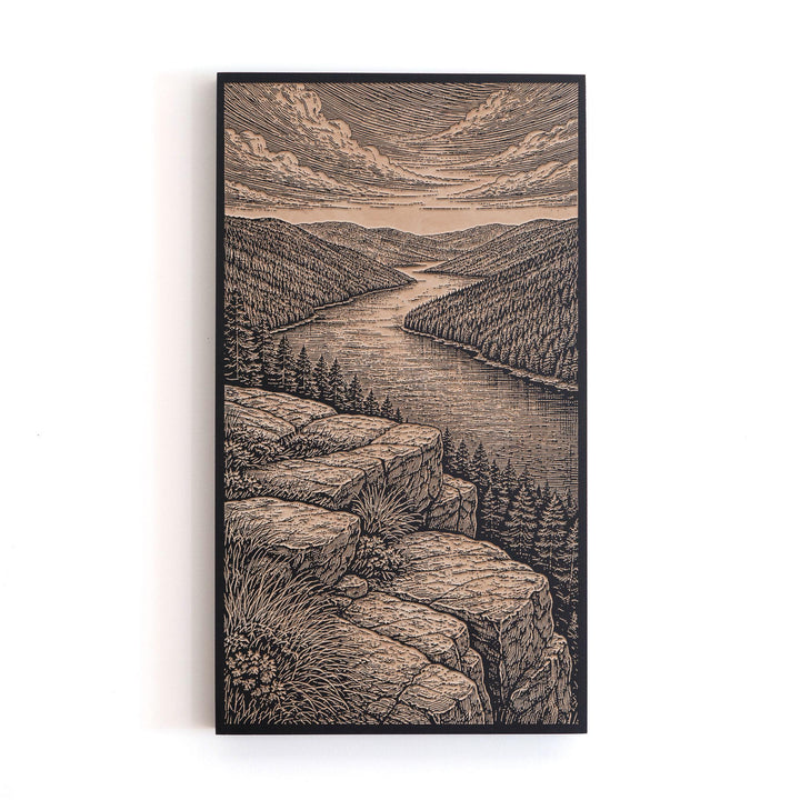 Overlook of a Tranquil Mountain Lake Engraved Birch Art Panel