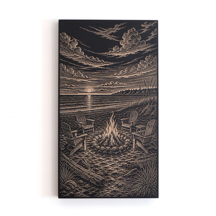 Beach Bonfire at Sunset Engraved Illustration