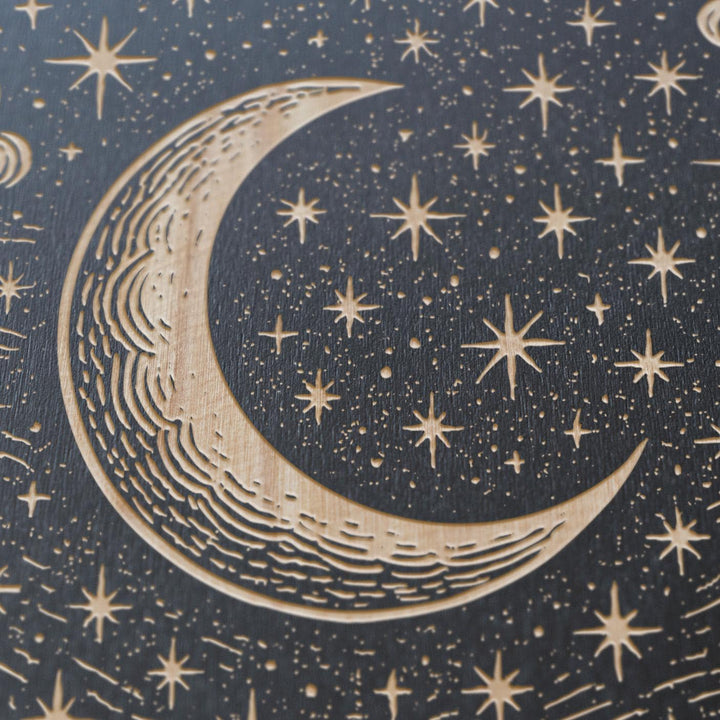 Celestial Moon &amp; Stars Engraved Birch Illustration