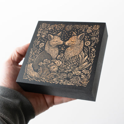 Fox Couple Engraved Birch Wood Panel