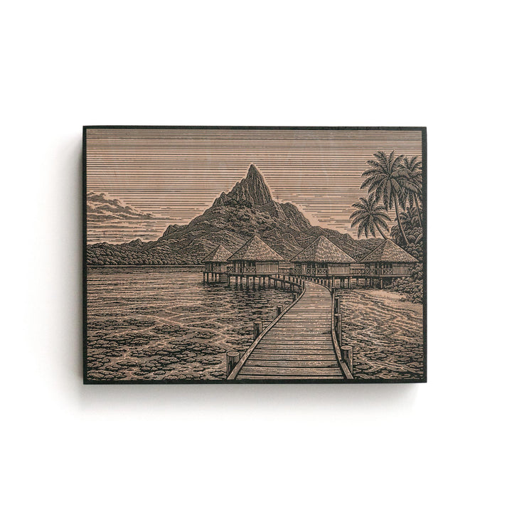 Bora Bora Bungalow Engraved Birch Art Panel