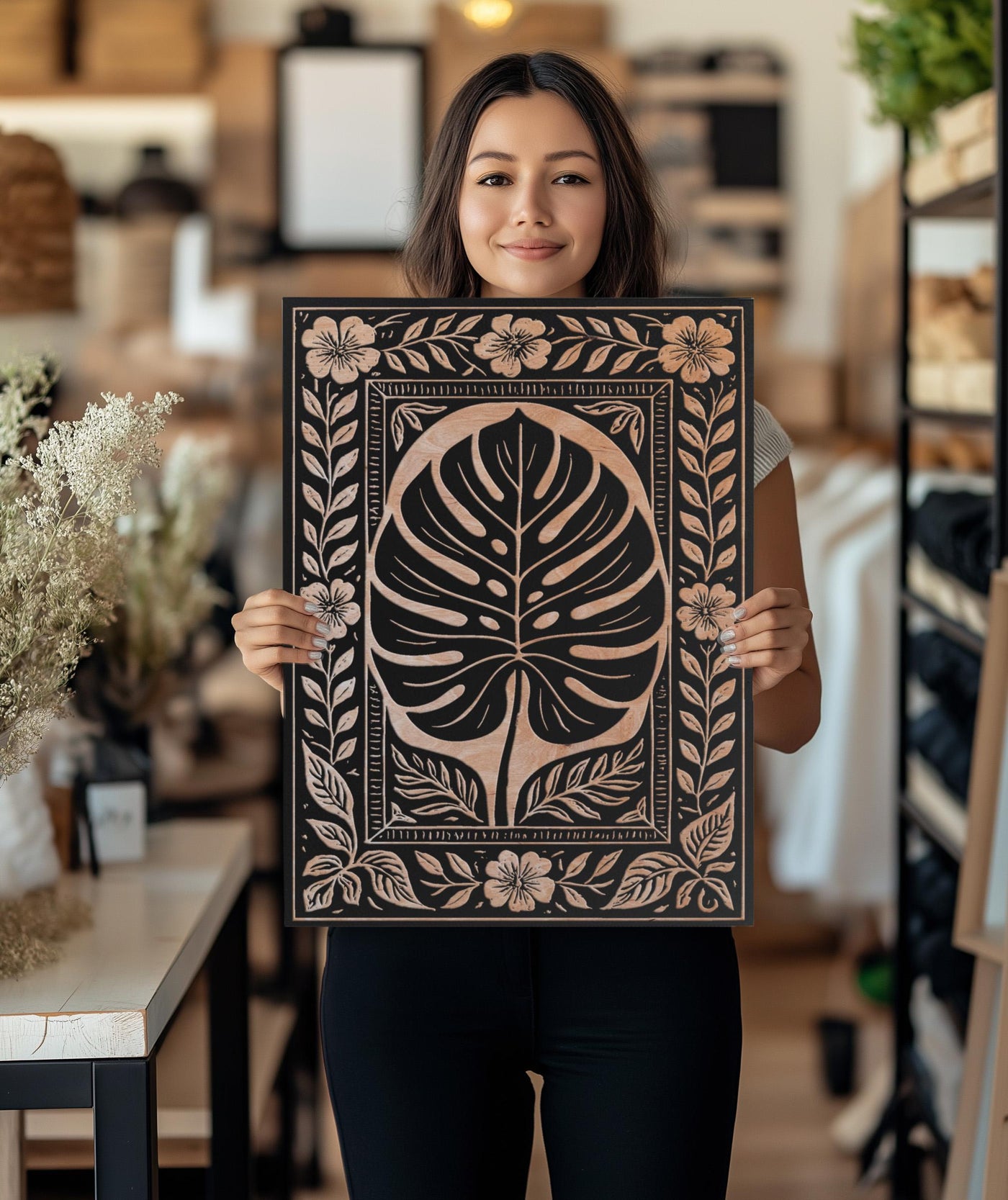 Monstera Leaf Engraved Birch Illustration