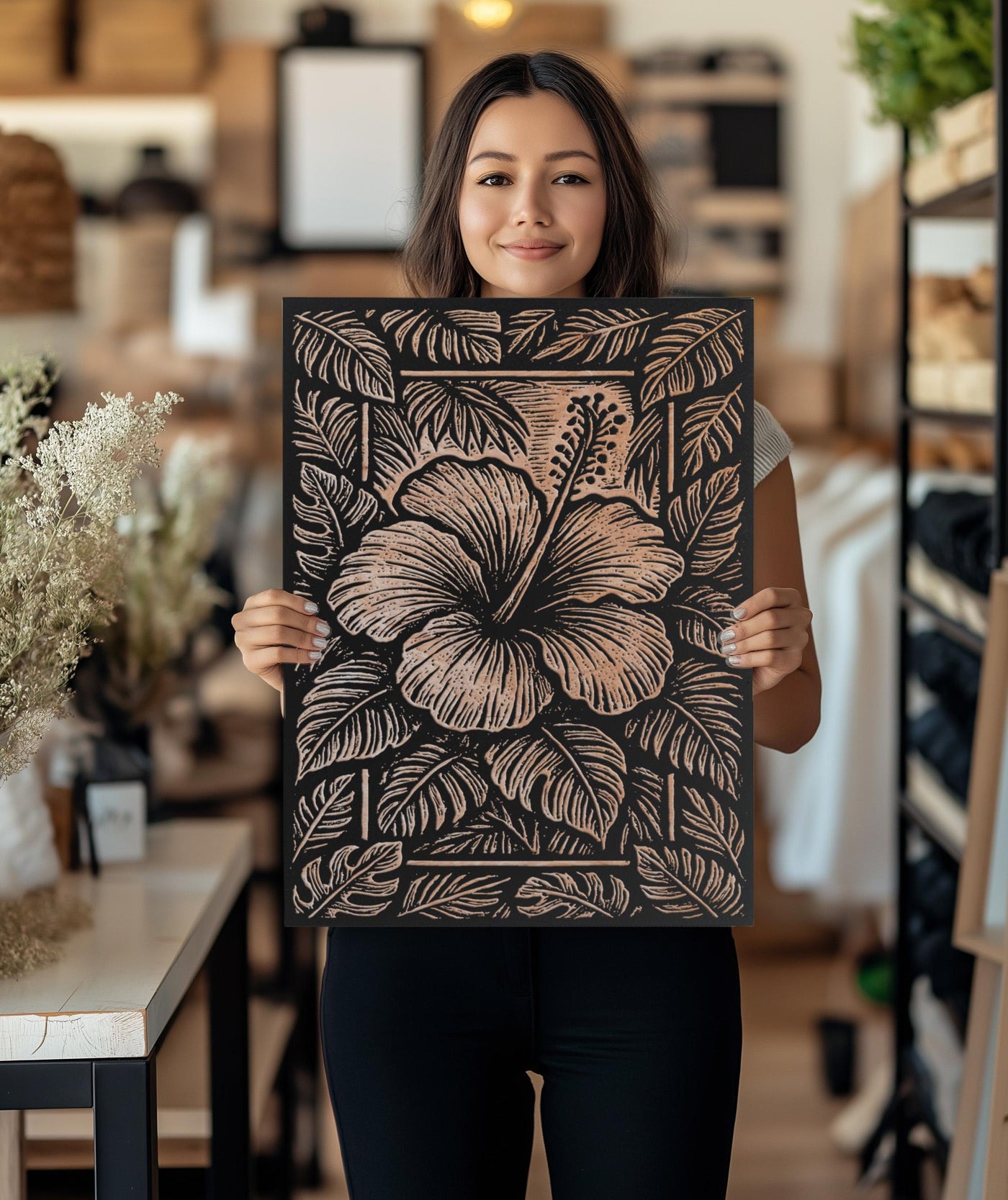 Hibiscus Flower Engraved Birch Illustration