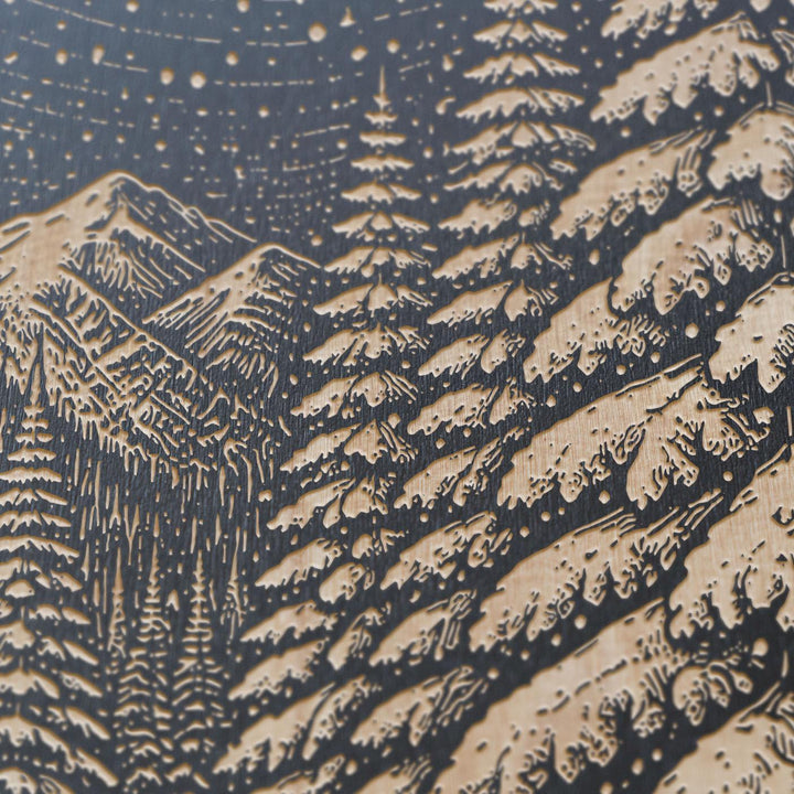 Winter Night in the Snowy Evergreen Forest Engraved Birch Art Panel