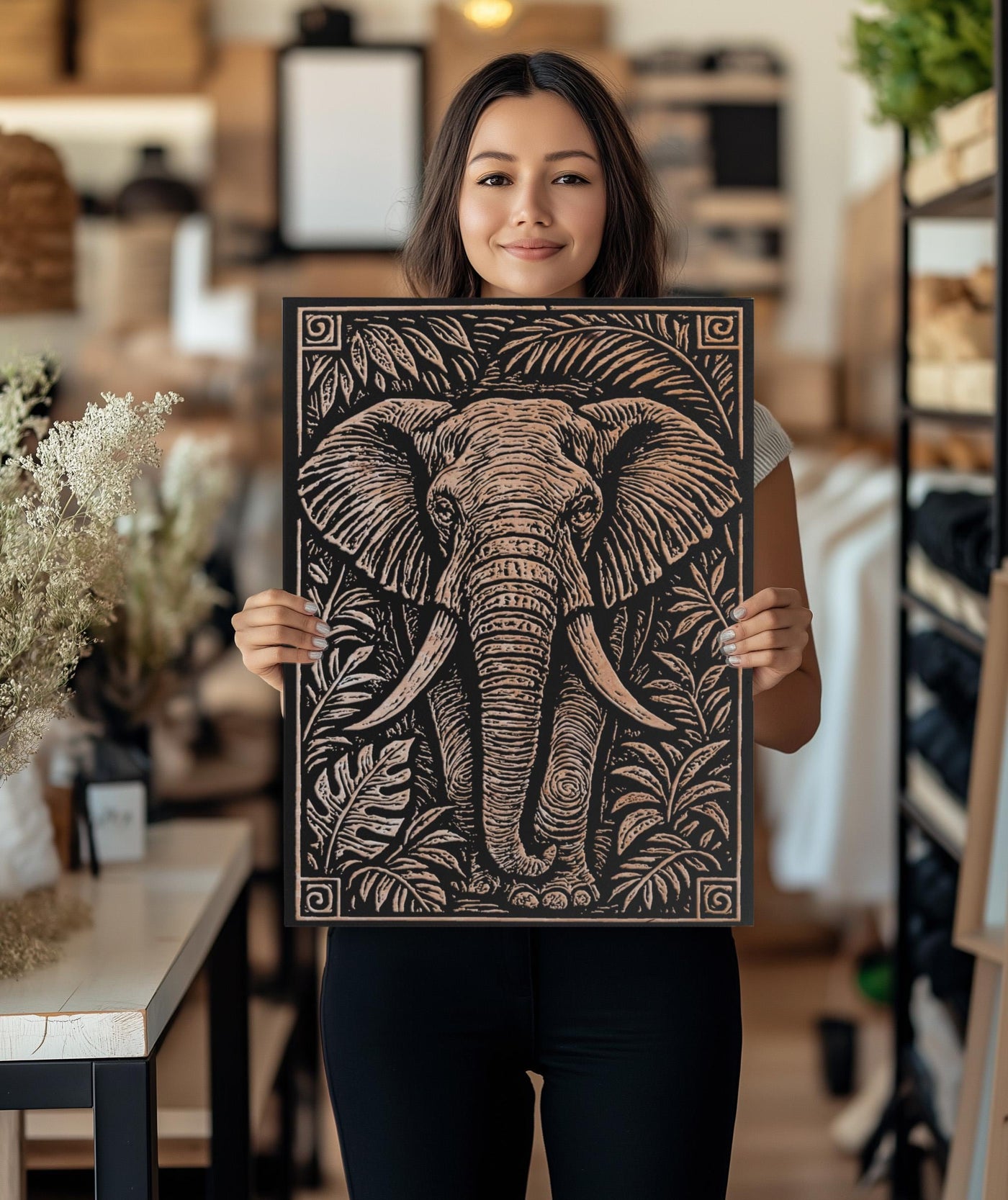 Elephant in the Jungle Engraved Birch Illustration