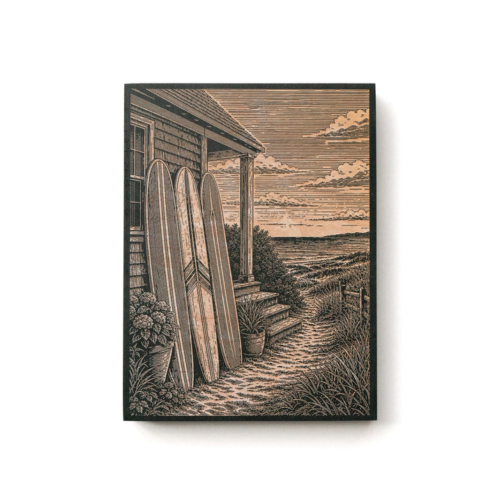 Surfboards by the Beach Cottage Engraved Illustration