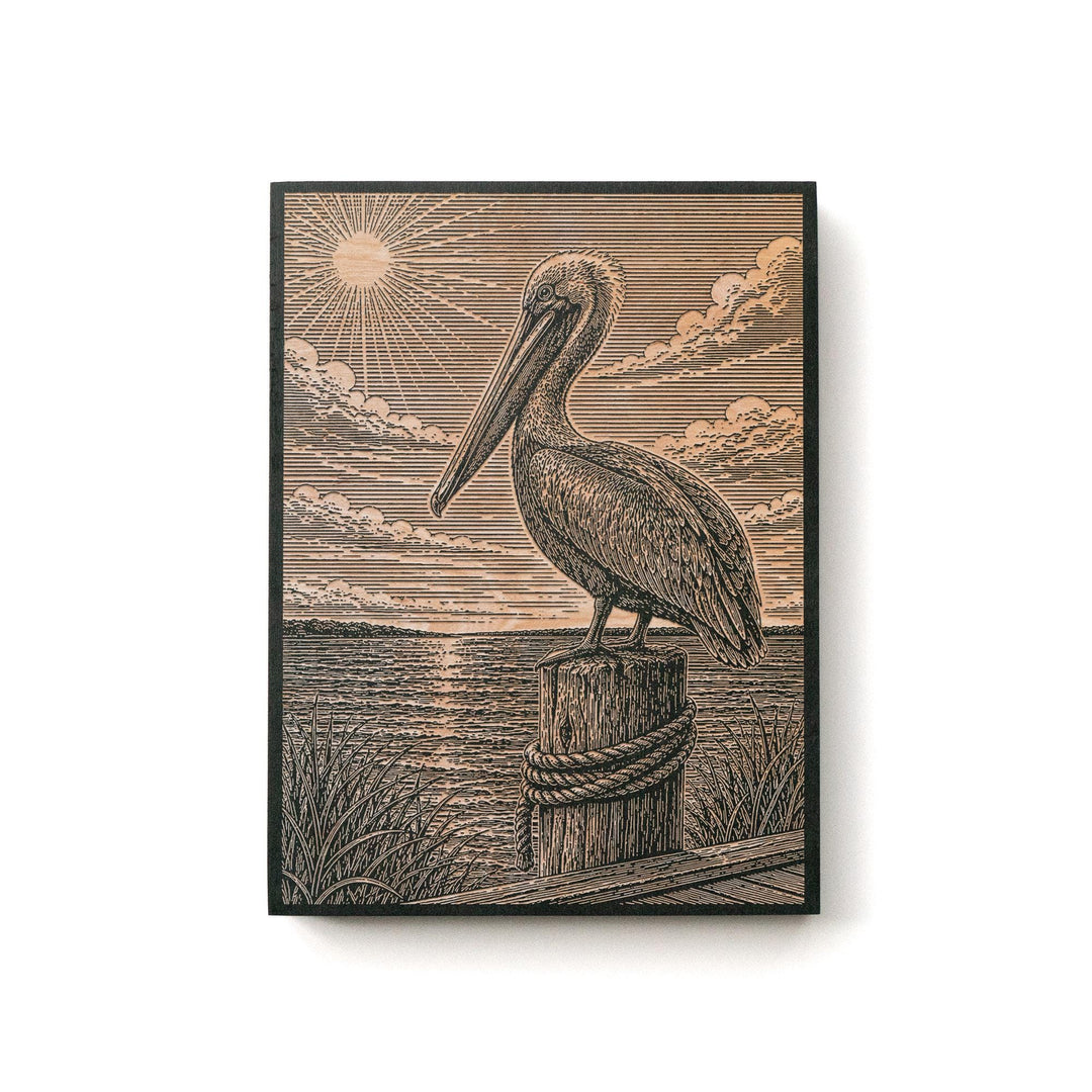 Pelican by the Seaside Dock Engraved Birch Art Panel