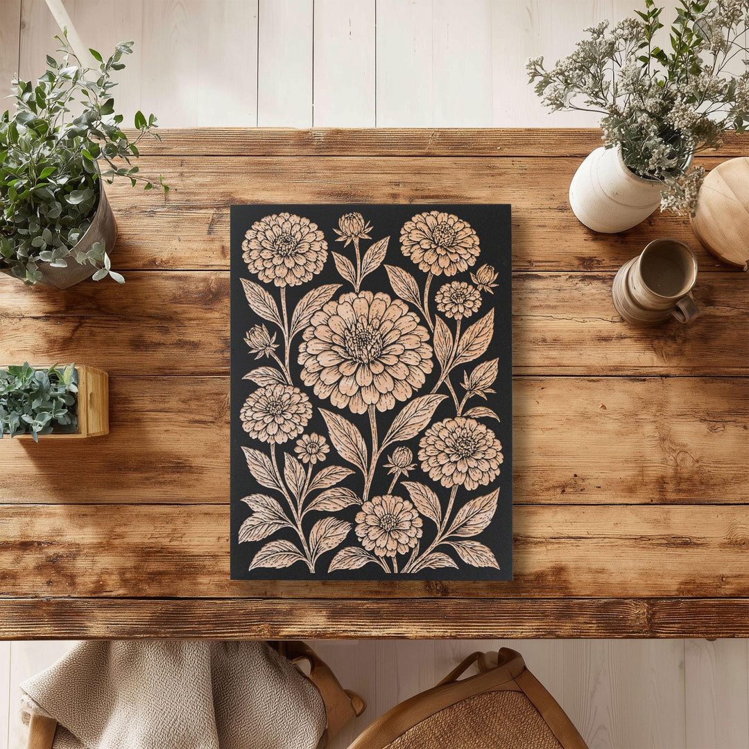 Zinnia Garden Pattern Engraved Birch Art Panel
