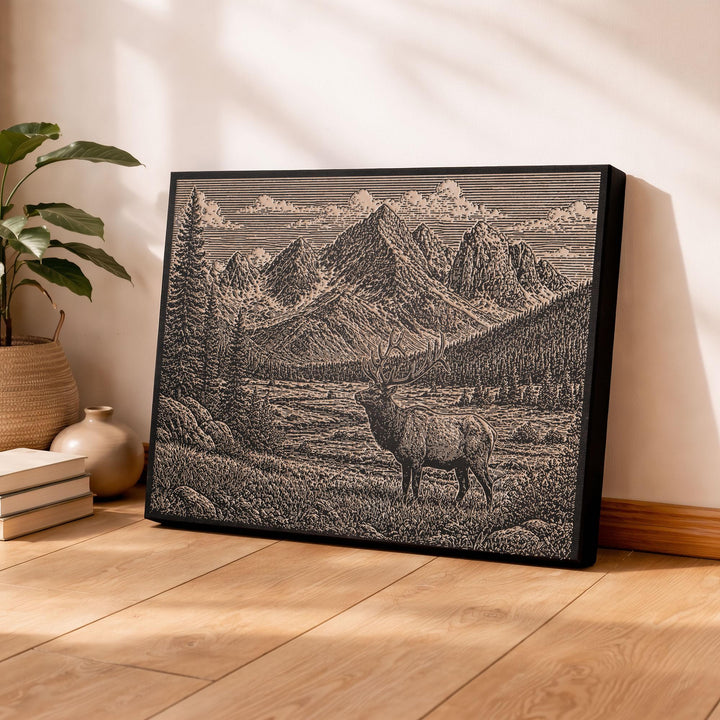 Elk In a Meadow Beneath Peaks Engraved Birch Art Panel