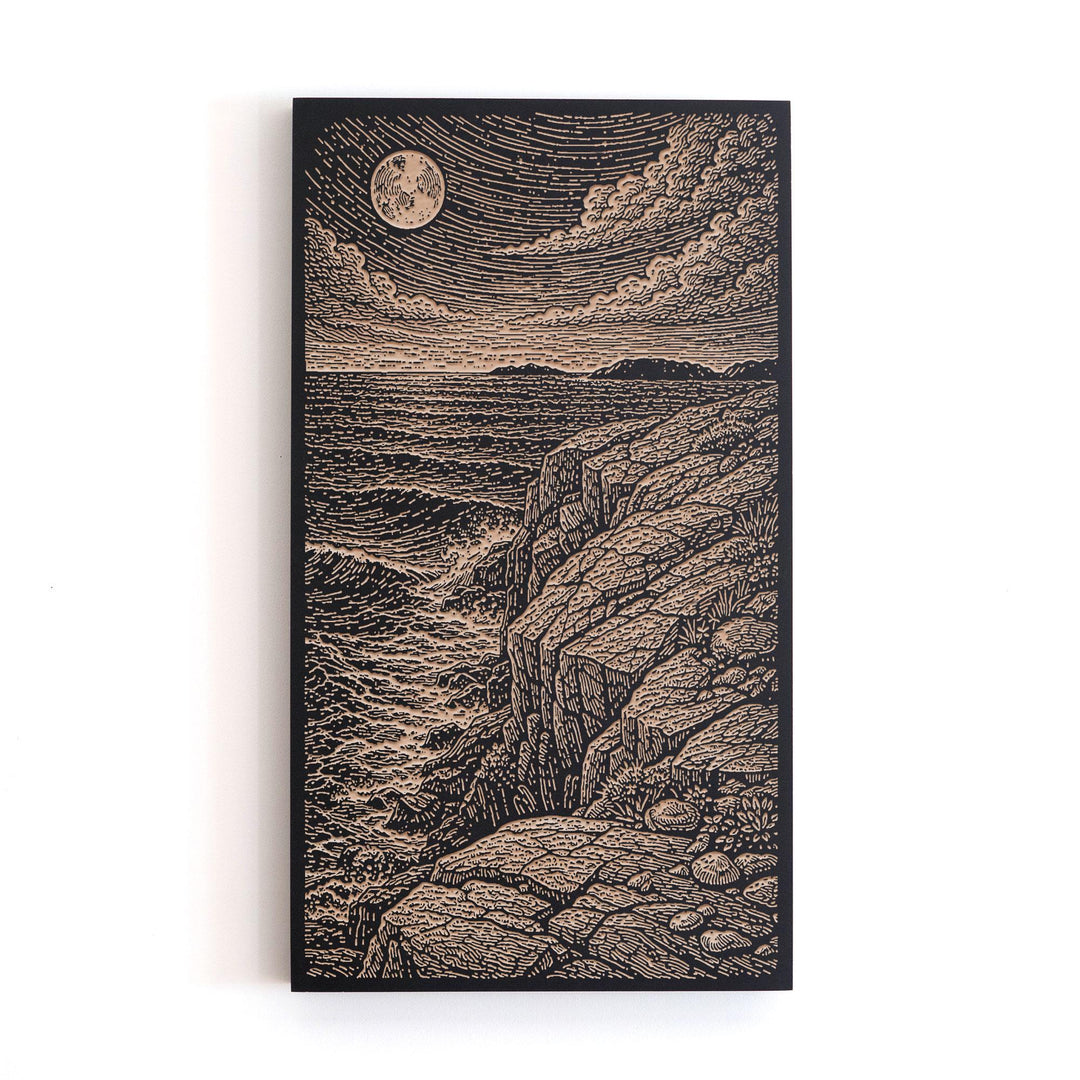Moonlit Coastal Cliffs at Night Engraved Birch Art Panel