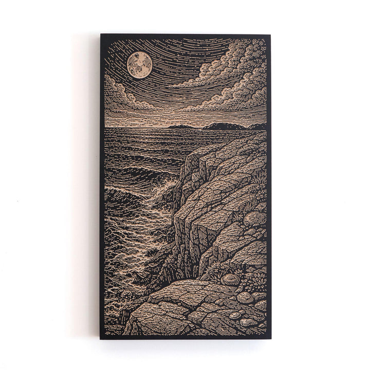 Moonlit Coastal Cliffs at Night Engraved Birch Art Panel