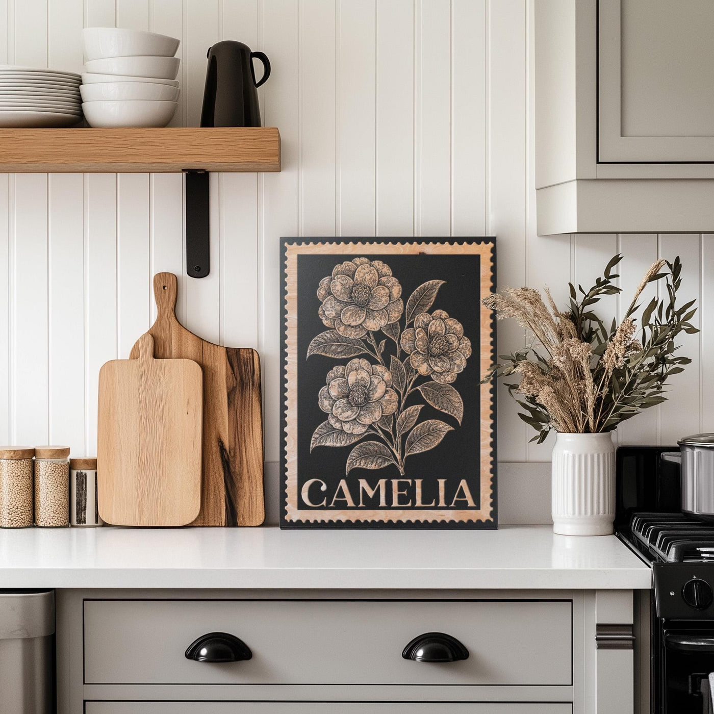 Camelia Floral Wall Art | Engraved Wood Lithograph Style Nature Illustration, Plant Flower Painting Mothers Gift, Vintage Alabama Stamp Art