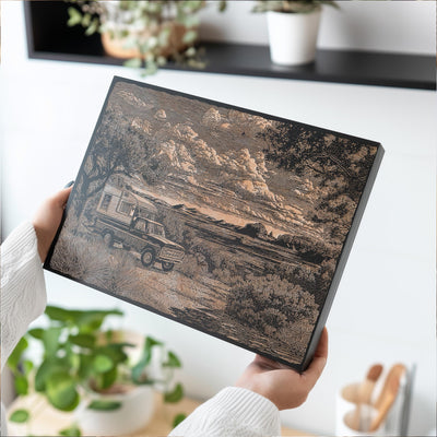 Truck Camper on a Campsite in Desert Engraved Illustration
