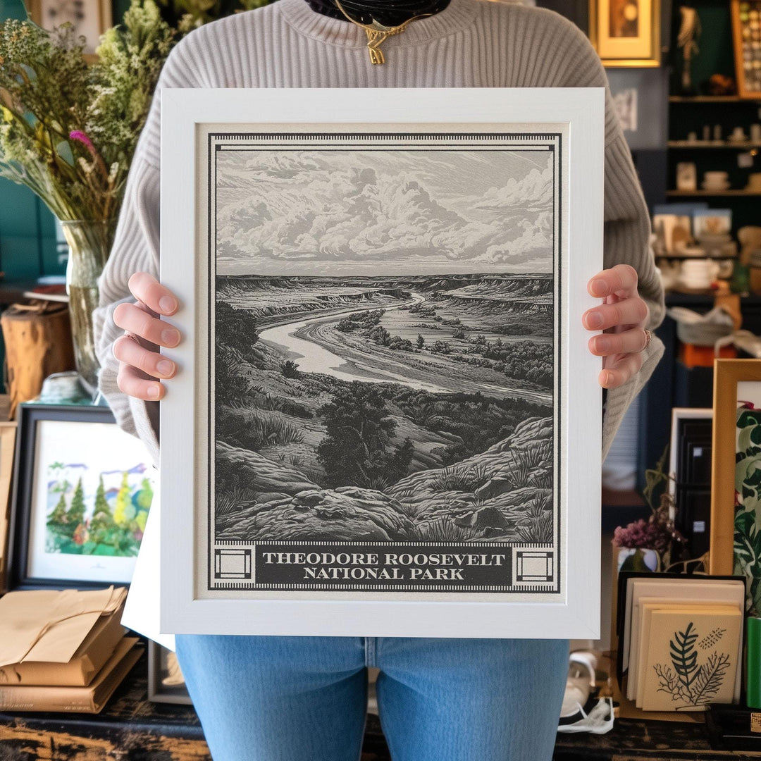 Theodore Roosevelt National Park Lithograph Style Print - Vintage North Dakota archival matte fine art print. Wind Canyon Trail. Travel Gift