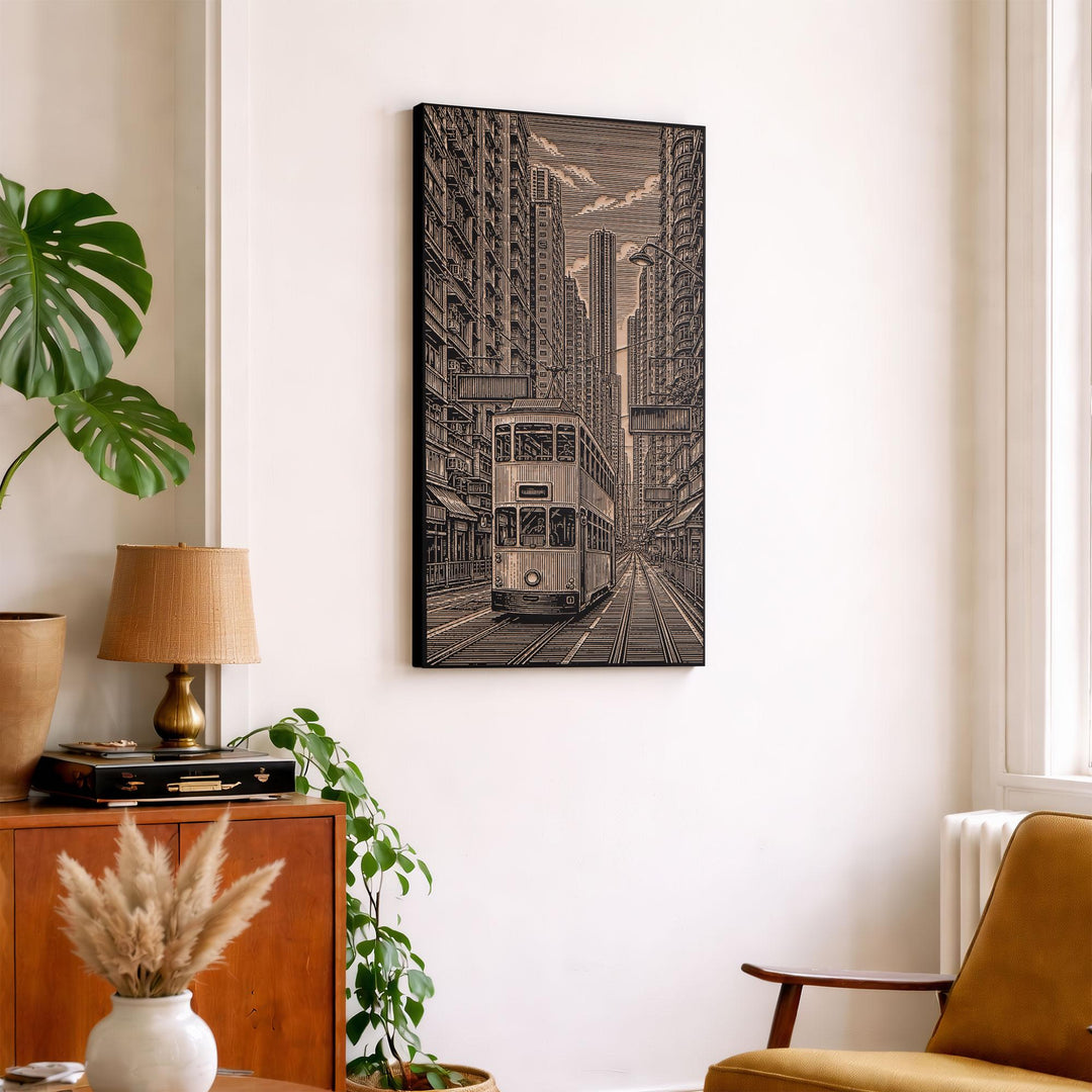 Hong Kong Tram Engraved Birch Art Panel