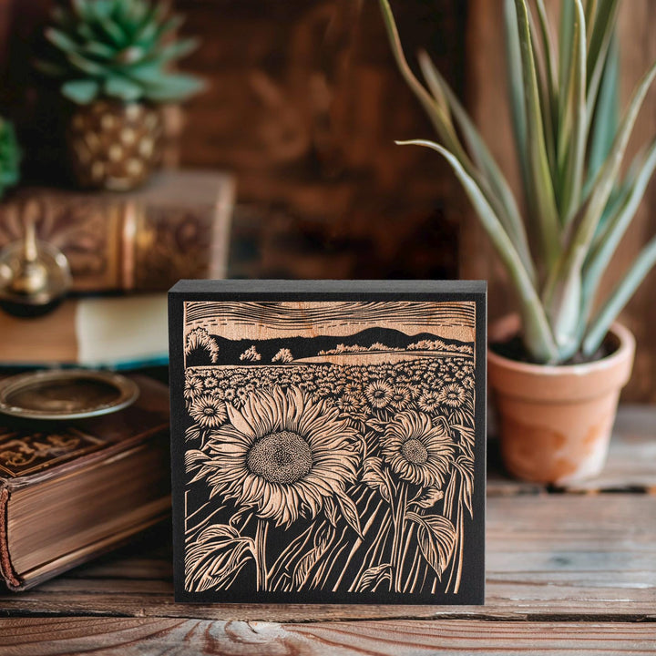 Kansas Sunflower Fields Engraved Illustration